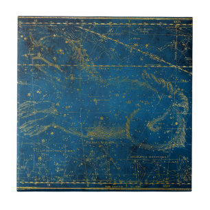 Carreau Carte vintage illustrée Mid Blue & Gold Star