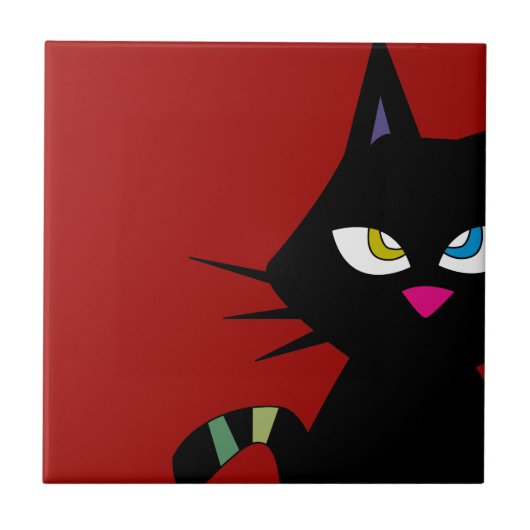 Carreau Carton de chat noir sur rouge (Devant)