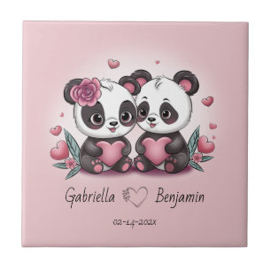 Carreau Cartoon mignon Panda amoureux Coeur Saint-Valentin