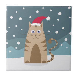 Carreau Cartoon xmas chat avec chapeau santa dans la neige