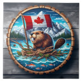 Carreau Castor canadien avec drapeau dans le paysage monta (Devant)