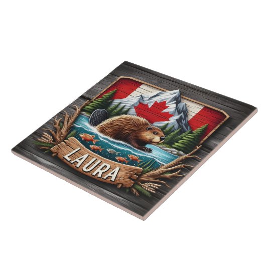 Carreau Castor canadien avec drapeau et montagnes (Côté)