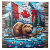 Carreau Castor canadien sur le lac avec drapeau canadien (Devant)
