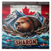 Carreau Castor par eau avec drapeau canadien (Devant)