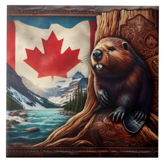 Carreau Castor Par Rivière Avec Drapeau Canadien (Devant)
