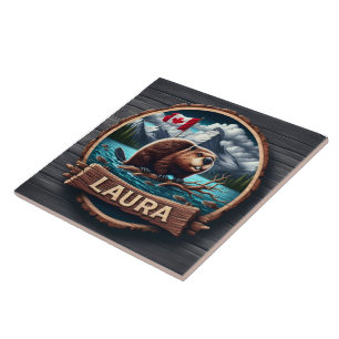 Carreau Castor sur un lac en bois avec drapeau canadien