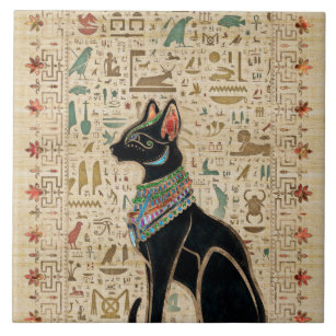 Carreau Cat égyptien - Bastet sur le papyrus