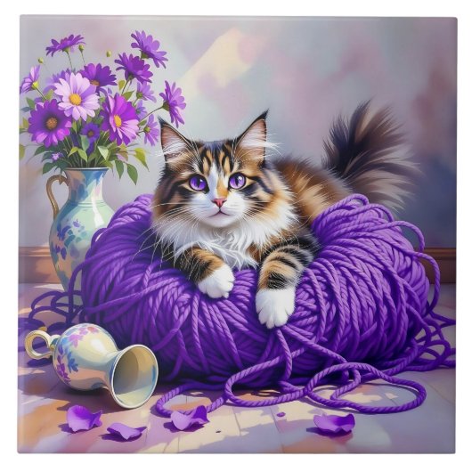 Carreau Cat  in Purple Yarn and Flowers   (Devant)