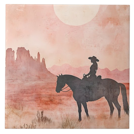 Carreau Cavalière à cheval, scène de coucher de soleil sud (Devant)