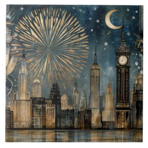 Carreau Célébration de feux d'artifice sur la skyline noct