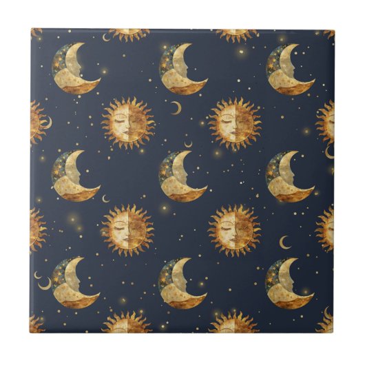 Carreau Celestial Sun & Moon Gold Starry Night Pattern (1) (Devant)