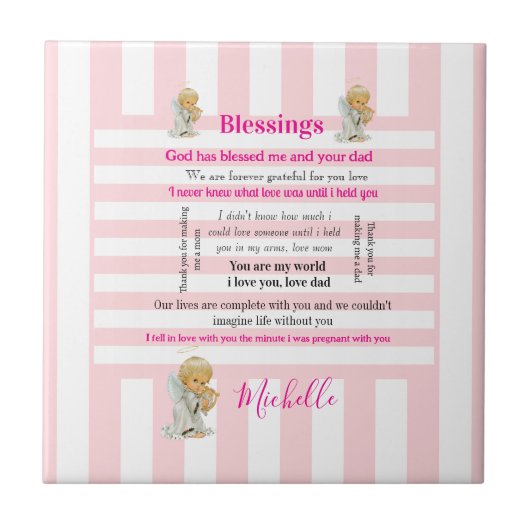 Carreau Ceramic Tile Pink & White Stripe Blessings (Devant)