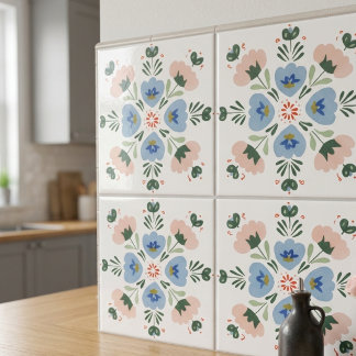 Carreau Céramique décorative d'art populaire floral bleu e