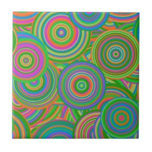 Carreau Cercles abstraits rétro mod, vert et rouge orange