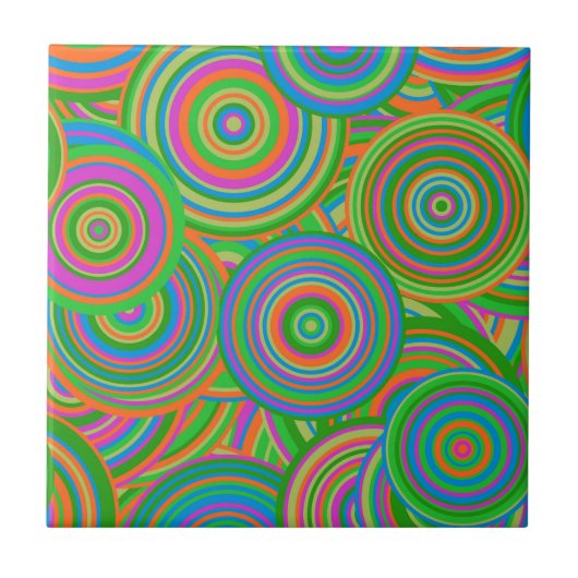 Carreau Cercles abstraits rétro mod, vert et rouge orange (Devant)