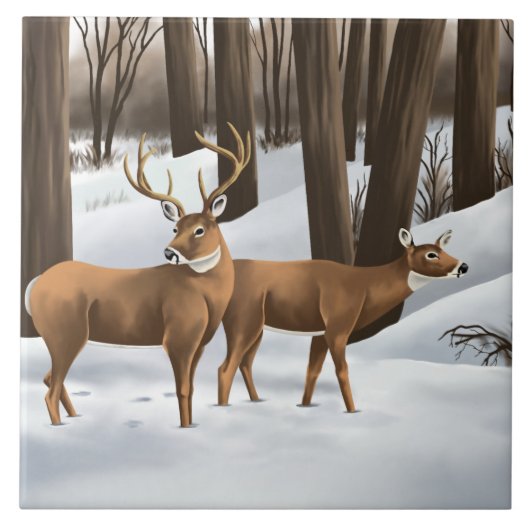 Carreau Cerf à Queue Blanche Dans La Neige (Devant)