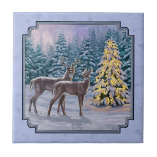 Carreau Cerf et arbre de Noël Bleu d'hiver
