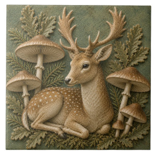 Carreau Cerfs Axis & Champignons de Bois Automne Faune et