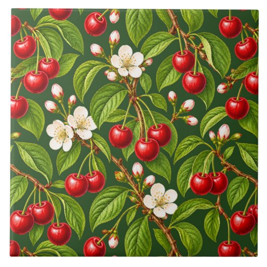 Carreau Cerises rouges botaniques et fleurs blanches (Devant)