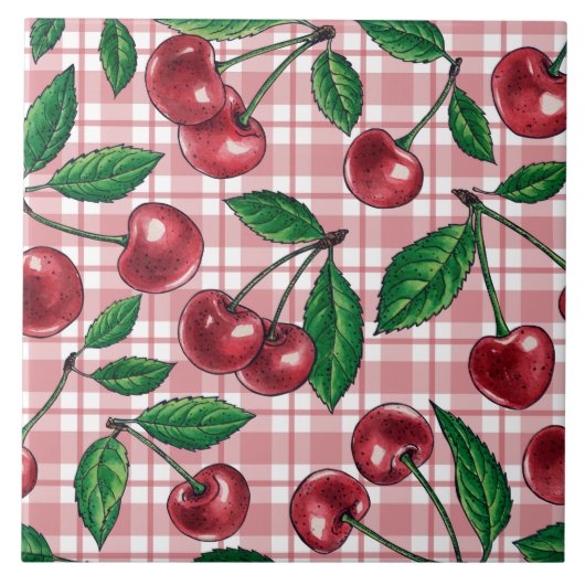 Carreau Cerises rouges sur gingham rose (Devant)
