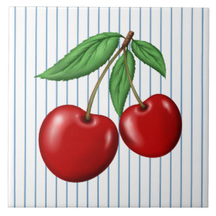 Carreau Cerises Rouges sur Motif Graphique à Rayures Bleue