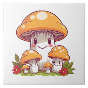 Carreau Champignons à la recherche, style kawaii heureux