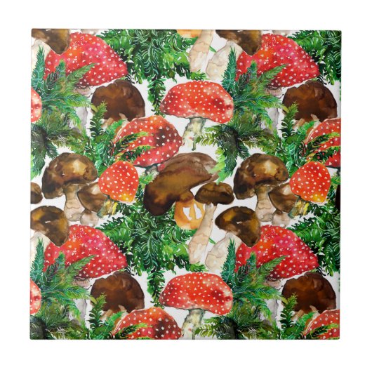 Carreau Champignons d'aquarelle et motif de fougères verte (Devant)