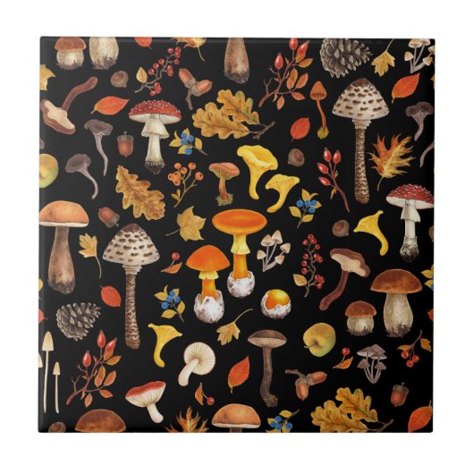 Carreau Champignons sauvages sur le noir (Devant)