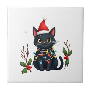 Carreau Chapeau de Noël de Santa pour chat noir T-Sh drôle
