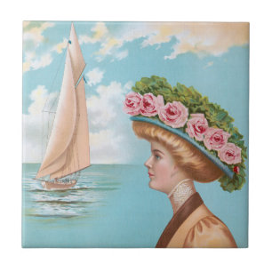 Carreau Chapeau Rose Rose Vintage Dame Bord de Mer Art Voi