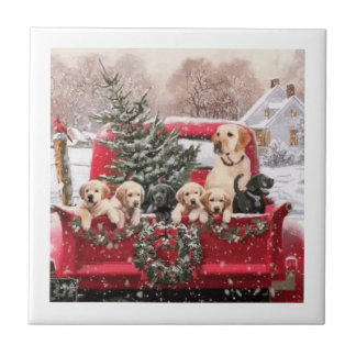 Carreau Chariot Rouge Rétro De Noël Avec Chiens De Chiens