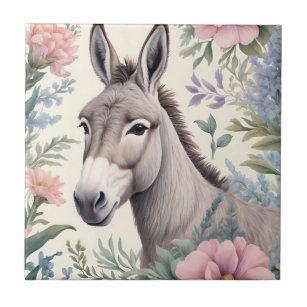 Carreau Charmante Donkey Pastel Fleurs Ferme Animal