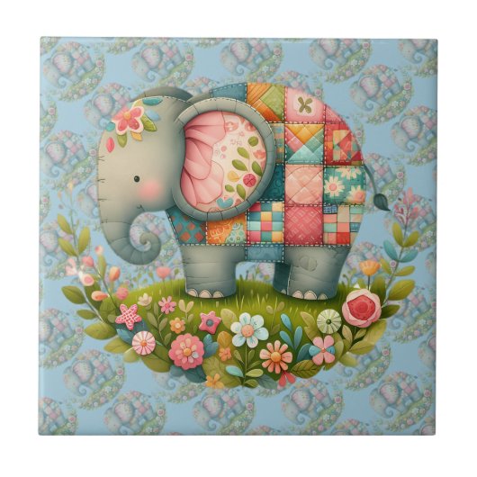 Carreau Charme de Prairie Florale à l'Éléphant Patchwork (Devant)