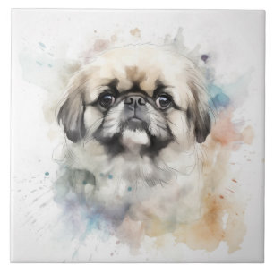 Carreau Charme Pekingese Aquarelle Portrait de chien