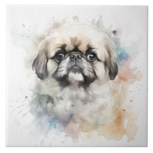 Carreau Charme Pekingese Aquarelle Portrait de chien (Devant)