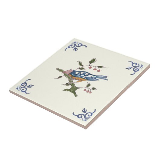 Carreau Charming Repro Delft Bird sur Branche avec Berries (Côté)