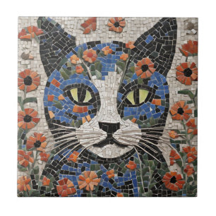 Carreau Chat Abstrait en mosaïque avec fleurs