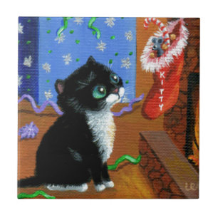 Carreau Chat amusant Noël Tuxedo Kitten souris