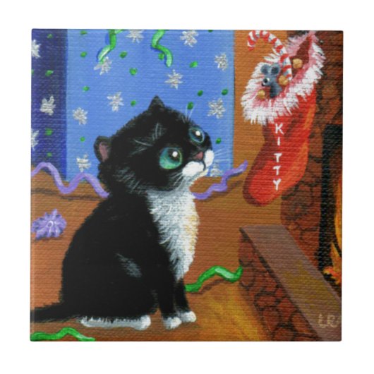 Carreau Chat amusant Noël Tuxedo Kitten souris (Devant)