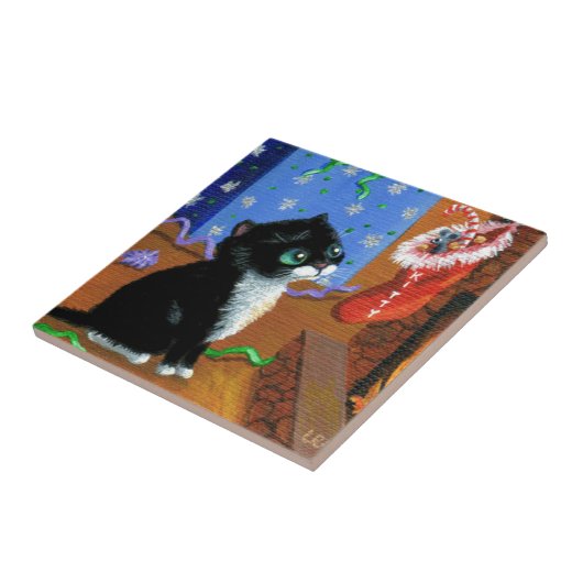 Carreau Chat amusant Noël Tuxedo Kitten souris (Côté)