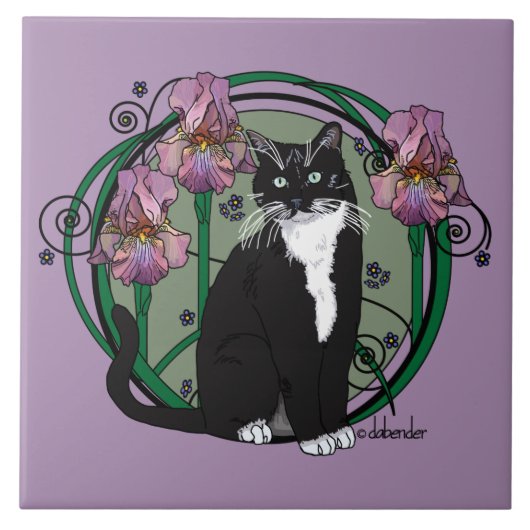 Carreau Chat aux cheveux courts noir et blanc avec des (Devant)