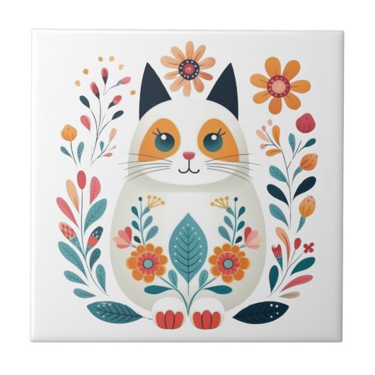 Carreau Chat aux fleurs blanches Hygge Scandinavian Folk A (Devant)