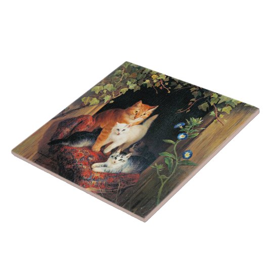 Carreau Chat avec chatons, peinture d'art, (Côté)