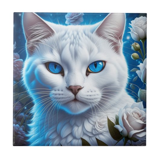 Carreau Chat blanc aux yeux bleu clair Floral (Devant)