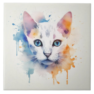 Carreau Chat blanc aux yeux bleus - Aquarelle