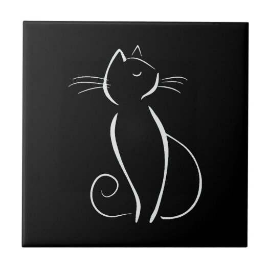 Carreau Chat blanc minimaliste sur noir (Devant)