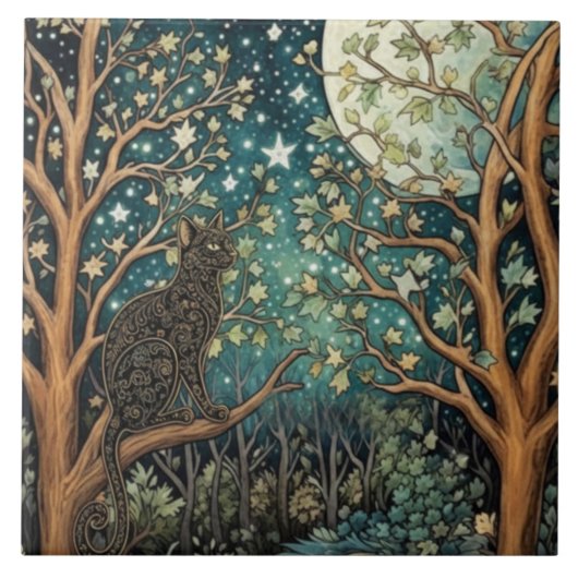 Carreau Chat boho ciel nocturne étoilé forêt boisée (Devant)
