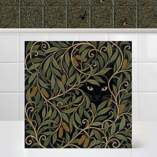 Carreau Chat Caché Feuillage de Saule Cônes de Pin Art Vin
