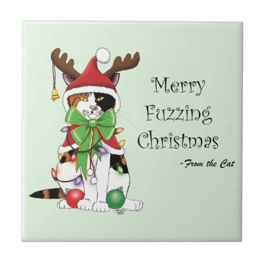 Carreau Chat Calico de Noël amusant (Devant)