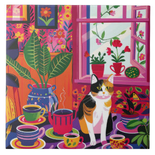 Carreau Chat calicot maximaliste et salon de thé